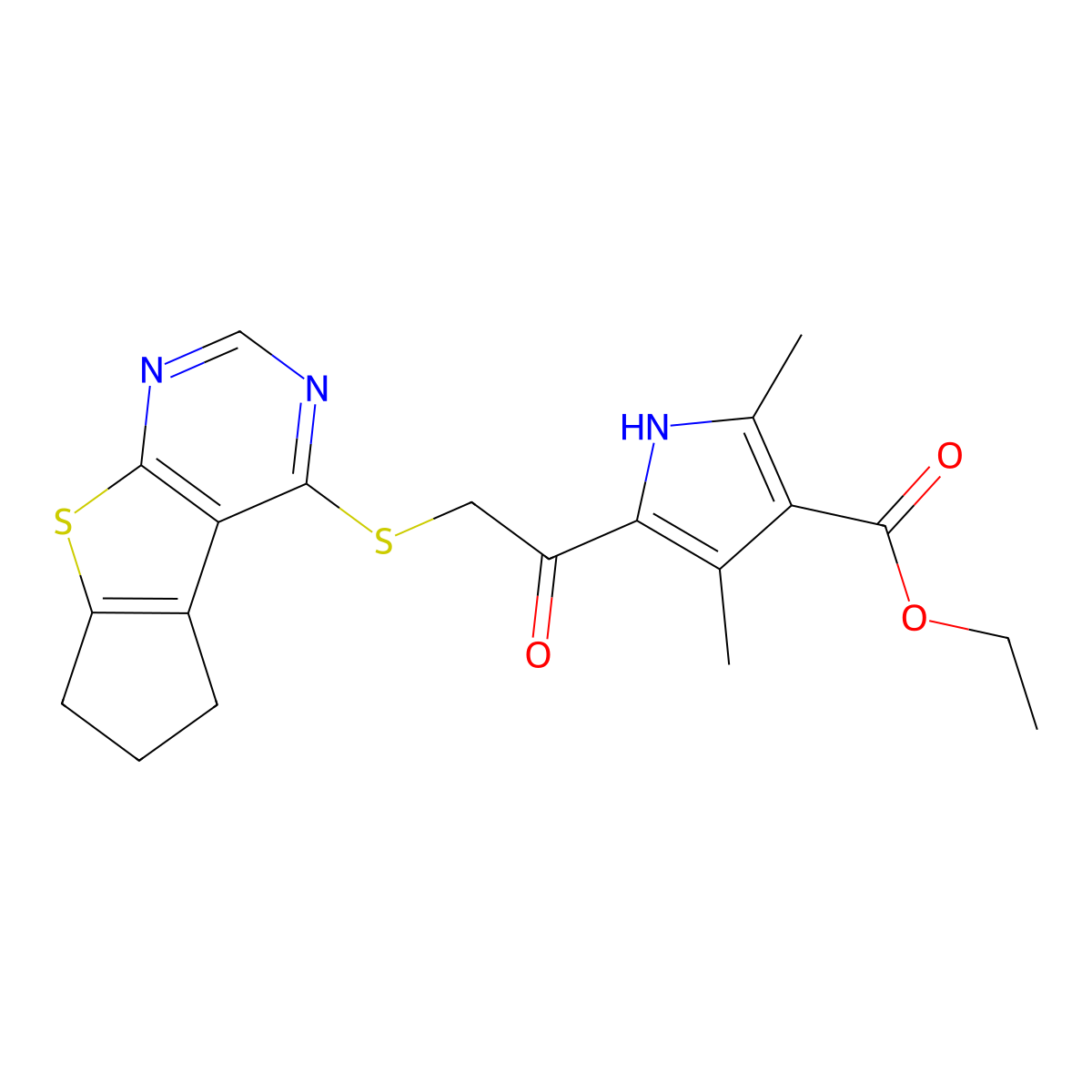 ethyl 5-(2-((6,7-dihydro-5H-cyclopenta[4,5]thieno[2,3-d]pyrimidin-4-yl)thio)acetyl)-2,4-dimethyl-1H-pyrrole-3-carboxylate molecular structure, CAS 303787-88-4