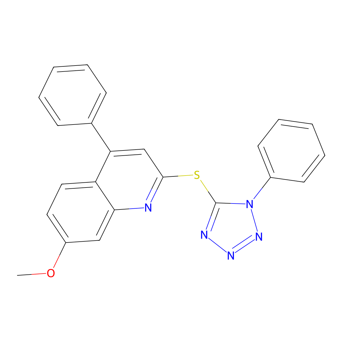 7-methoxy-4-phenyl-2-((1-phenyl-1H-tetrazol-5-yl)thio)quinoline molecular structure, CAS 303788-22-9