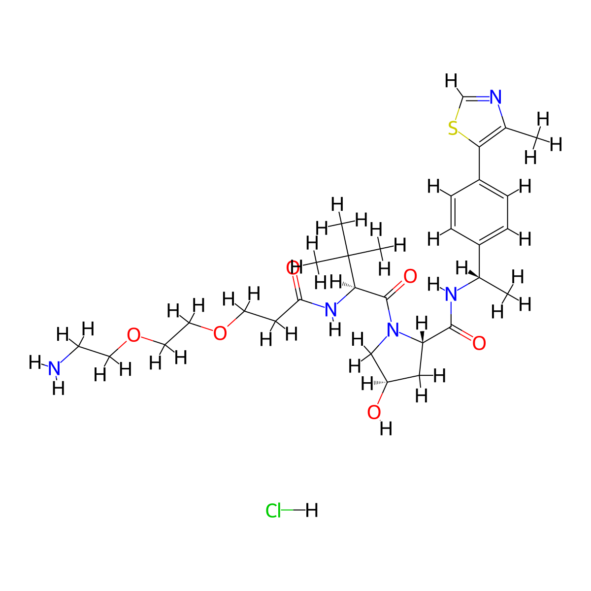 (2S,4R)-1-((S)-2-(3-(2-(2-Aminoethoxy)ethoxy)propanamido)-3,3-dimethylbutanoyl)-4-hydroxy-N-((S)-1-(4-(4-methylthiazol-5-YL)phenyl)ethyl)pyrrolidine-2-carboxamide hydrochloride molecular structure, CAS 3037880-56-8