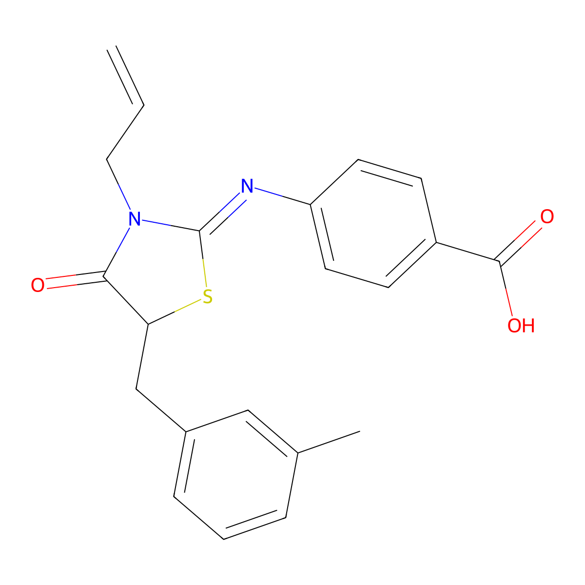 (E)-4-((3-allyl-5-(3-methylbenzyl)-4-oxothiazolidin-2-ylidene)amino)benzoic acid molecular structure, CAS 303792-16-7