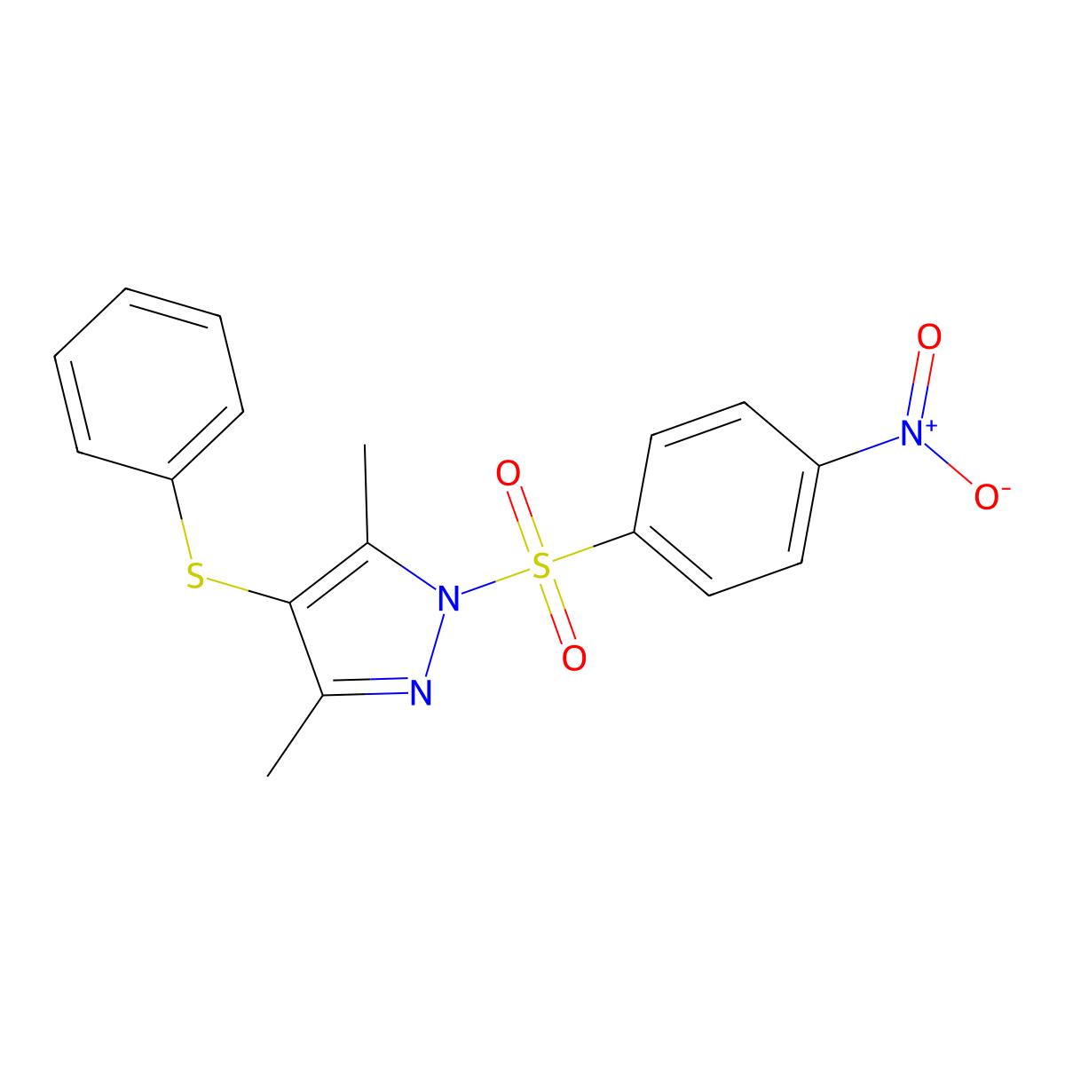 3,5-dimethyl-1-((4-nitrophenyl)sulfonyl)-4-(phenylthio)-1H-pyrazole molecular structure, CAS 303792-17-8