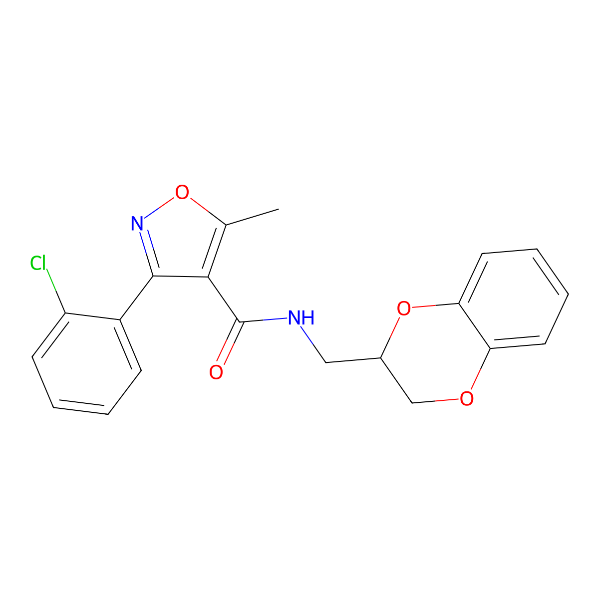 3-(2-chlorophenyl)-N-(2,3-dihydro-1,4-benzodioxin-2-ylmethyl)-5-methyl-1,2-oxazole-4-carboxamide molecular structure, CAS 303792-49-6