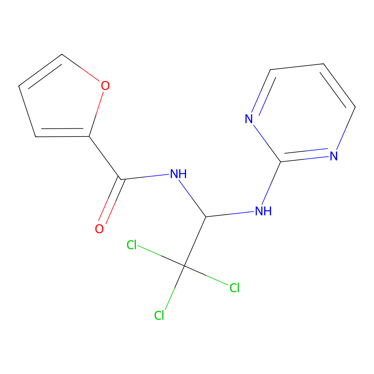 N-(2,2,2-trichloro-1-(pyrimidin-2-ylamino)ethyl)furan-2-carboxamide molecular structure, CAS 303794-17-4