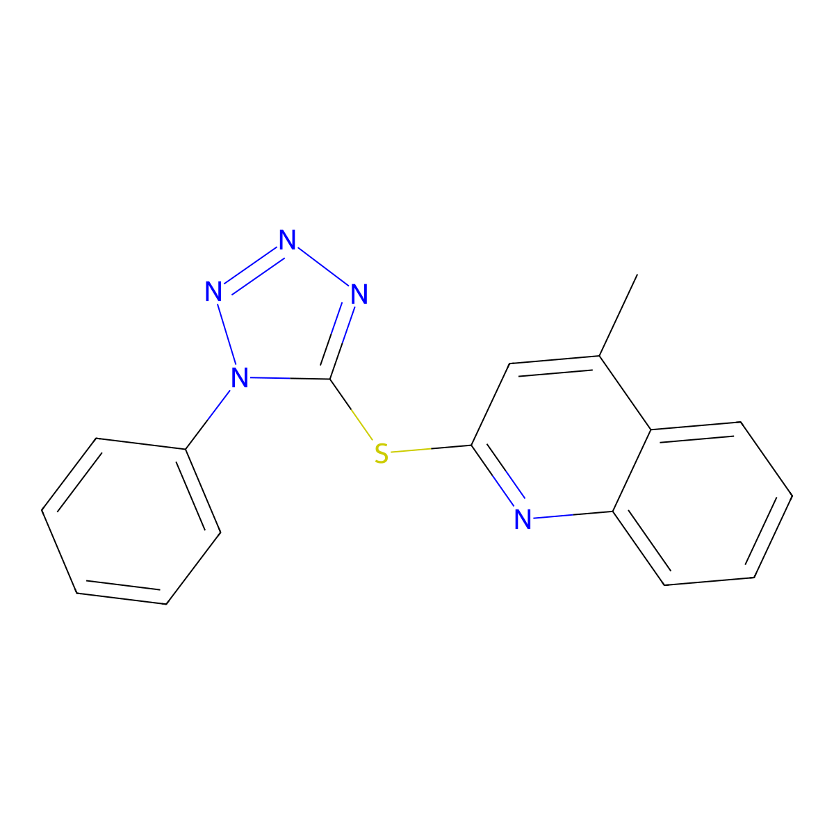4-methyl-2-((1-phenyl-1H-tetrazol-5-yl)thio)quinoline molecular structure, CAS 303796-66-9