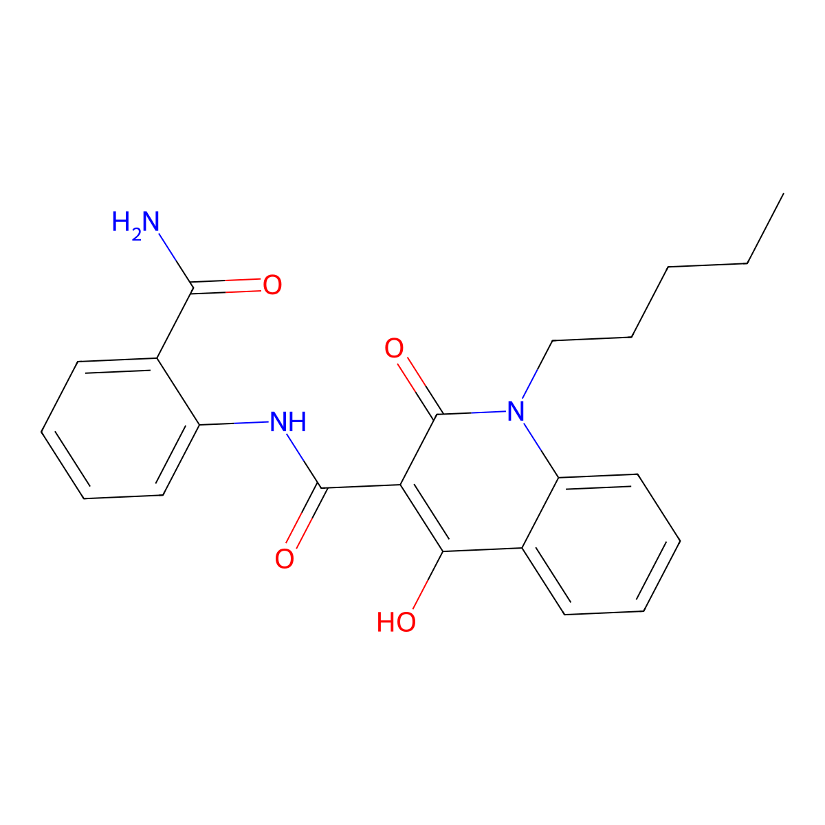 N-(2-carbamoylphenyl)-4-hydroxy-2-oxo-1-pentyl-1,2-dihydroquinoline-3-carboxamide molecular structure, CAS 303798-41-6