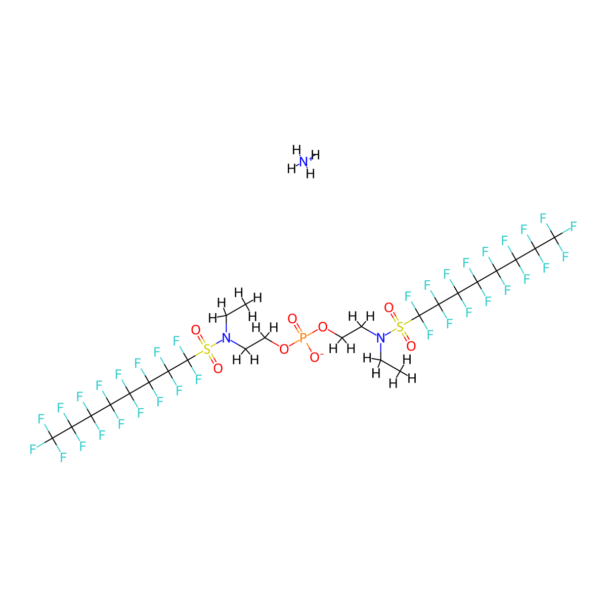1-Octanesulfonamide, N,N'-(phosphinicobis(oxy-2,1-ethanediyl))bis(N-ethyl-1,1,2,2,3,3,4,4,5,5,6,6,7,7,8,8,8-heptadecafluoro-, ammonium salt (1:1) molecular structure, CAS 30381-98-7