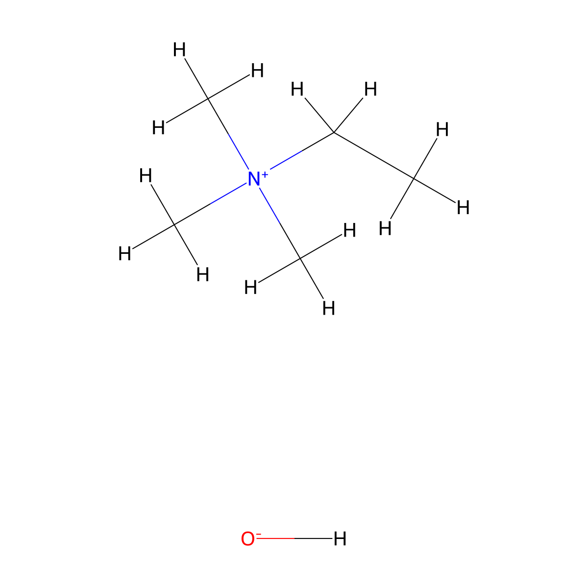 Trimethylethylammonium hydroxide molecular structure, CAS 30382-83-3