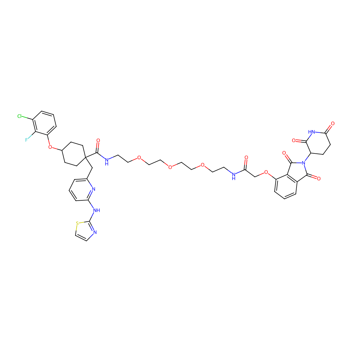 4-(3-chloro-2-fluorophenoxy)-N-[2-[2-[2-[2-[[2-[2-(2,6-dioxopiperidin-3-yl)-1,3-dioxoisoindol-4-yl]oxyacetyl]amino]ethoxy]ethoxy]ethoxy]ethyl]-1-[[6-(1,3-thiazol-2-ylamino)-2-pyridinyl]methyl]cyclohexane-1-carboxamide molecular structure, CAS 3038446-91-9