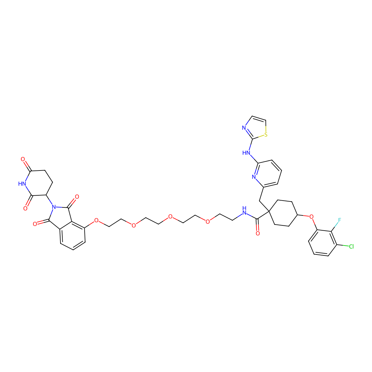 rel-(1r,4r)-4-(3-Chloro-2-fluorophenoxy)-N-(2-(2-(2-(2-((2-(2,6-dioxopiperidin-3-yl)-1,3-dioxoisoindolin-4-yl)oxy)ethoxy)ethoxy)ethoxy)ethyl)-1-((6-(thiazol-2-ylamino)pyridin-2-yl)methyl)cyclohexane-1-carboxamide molecular structure, CAS 3038446-94-2