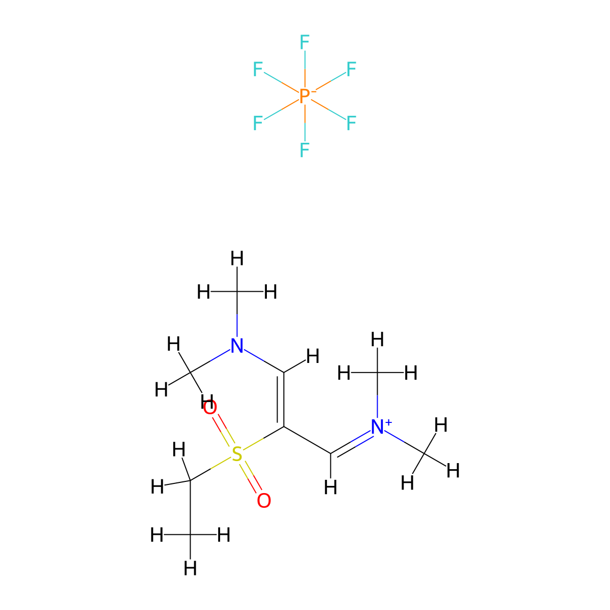 [(2Z)-3-(dimethylamino)-2-(ethanesulfonyl)prop-2-en-1-ylidene]dimethylazanium, hexafluoro-lambda5-phosphanuide molecular structure, CAS 3038495-58-5
