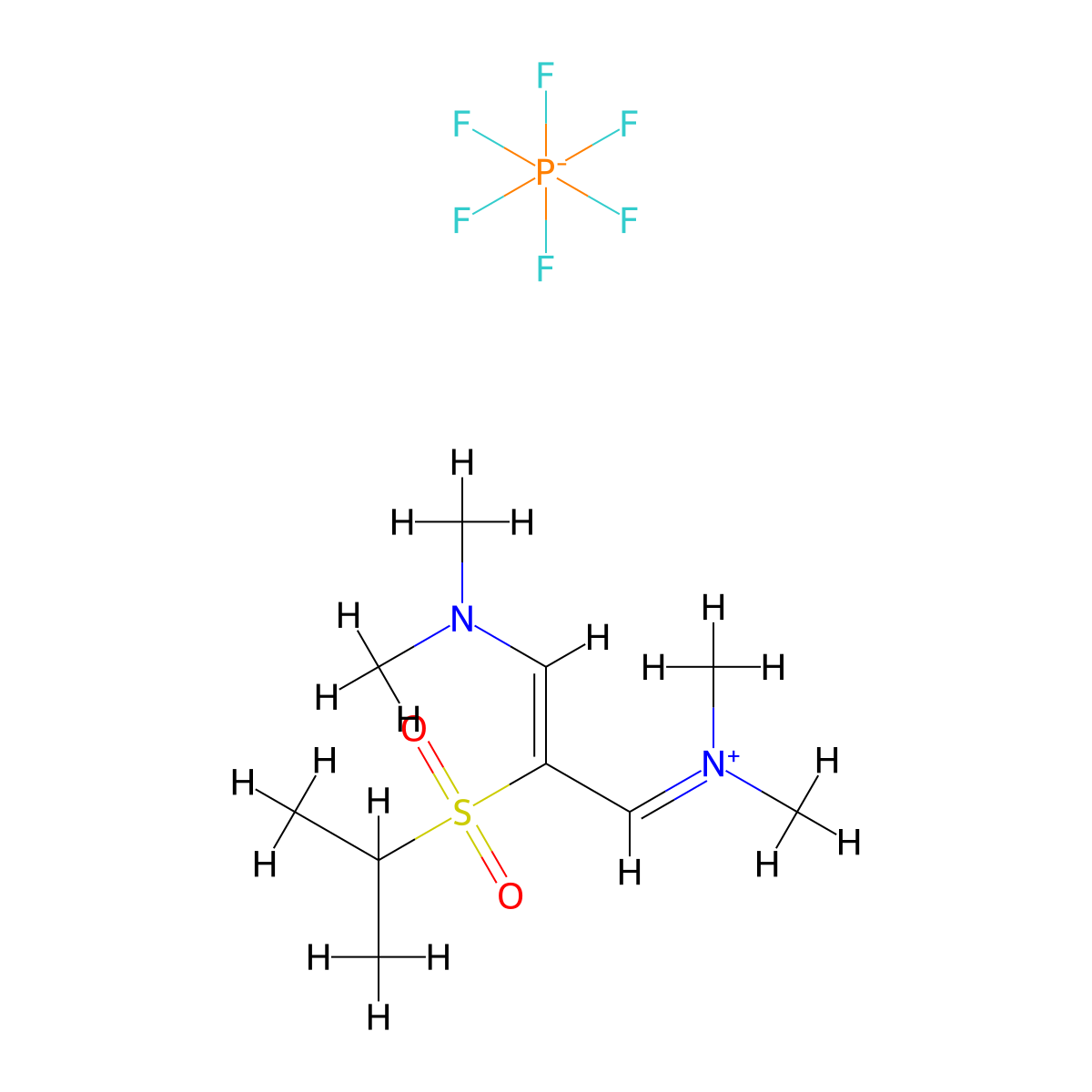 [3-(Dimethylamino)-2-(propane-2-sulfonyl)prop-2-en-1-ylidene]dimethylazanium, hexafluoro-lambda5-phosphanuide molecular structure, CAS 3038495-60-9