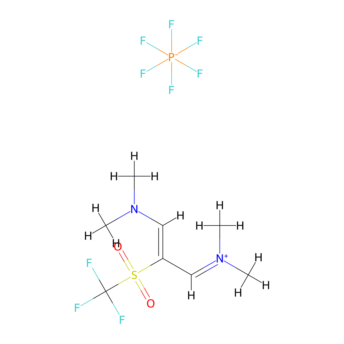 [3-(Dimethylamino)-2-trifluoromethanesulfonylprop-2-en-1-ylidene]dimethylazanium, hexafluoro-lambda5-phosphanuide molecular structure, CAS 3038495-64-3