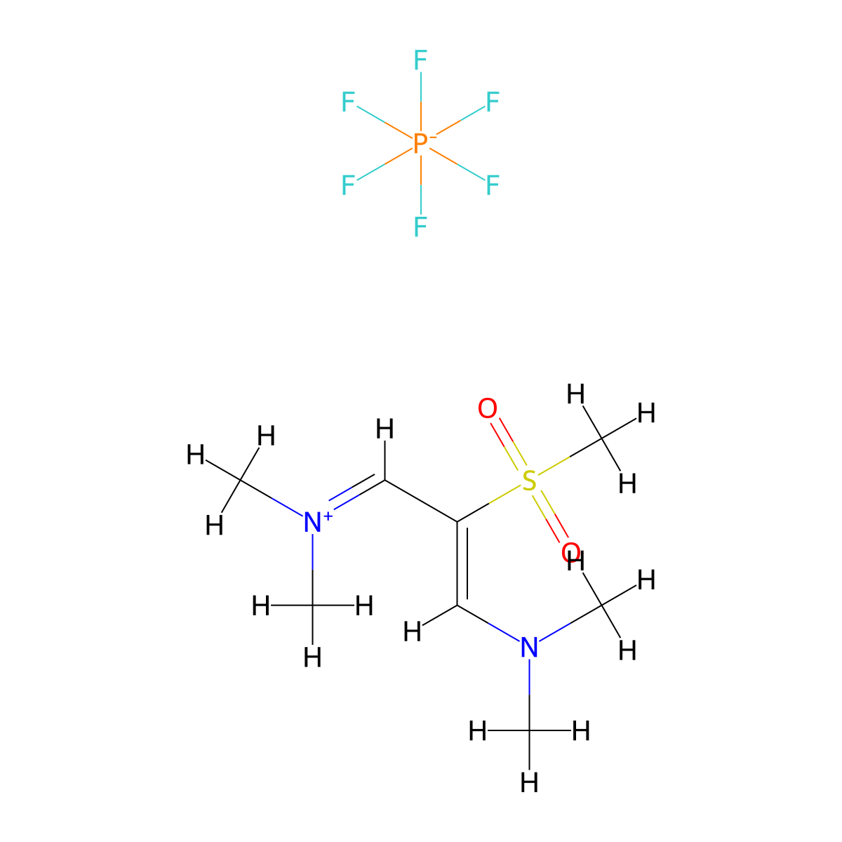 [(2Z)-3-(dimethylamino)-2-methanesulfonylprop-2-en-1-ylidene]dimethylazanium, hexafluoro-lambda5-phosphanuide molecular structure, CAS 3038495-72-3