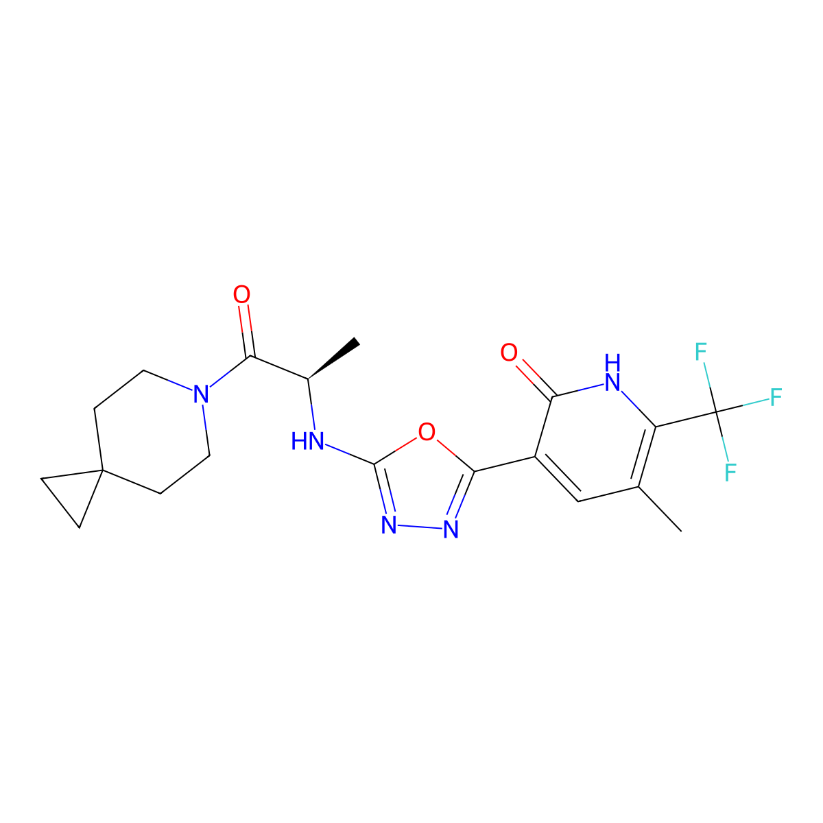 (R)-5-methyl-3-(5-((1-oxo-1-(6-azaspiro[2.5]octan-6-yl)propan-2-yl)amino)-1,3,4-oxadiazol-2-yl)-6-(trifluoromethyl)pyridin-2(1H)-one molecular structure, CAS 3038770-25-8