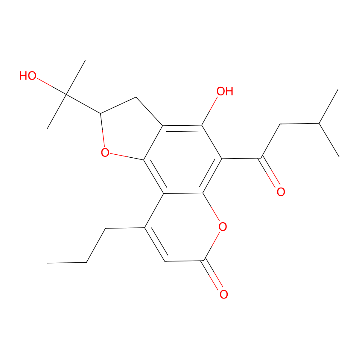 2,3-Dihydro-4-hydroxy-2-(1-hydroxy-1-methylethyl)-5-(3-methyl-1-oxobutyl)-9-propyl-7H-furo[2,3-f][1]benzopyran-7-one molecular structure, CAS 30390-03-5