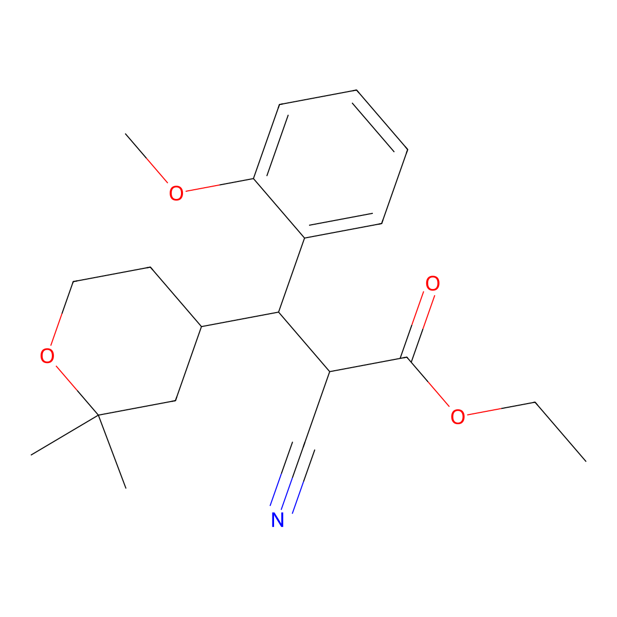 Ethyl 2-cyano-3-(2,2-dimethyloxan-4-yl)-3-(2-methoxyphenyl)propanoate molecular structure, CAS 303953-41-5