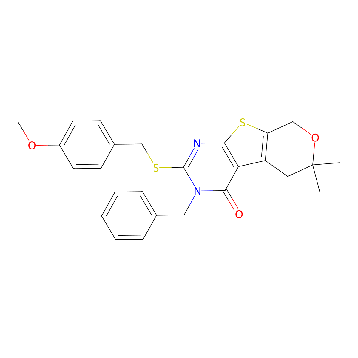 3-benzyl-2-[(4-methoxybenzyl)sulfanyl]-6,6-dimethyl-3,5,6,8-tetrahydro-4H-pyrano[4',3':4,5]thieno[2,3-d]pyrimidin-4-one molecular structure, CAS 303959-64-0