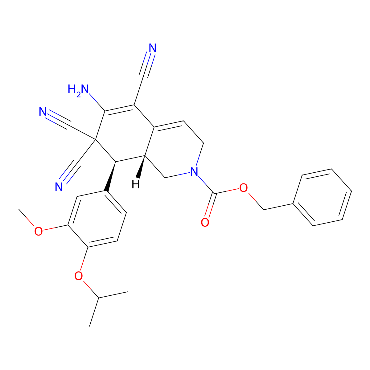 benzyl (8S,8aR)-6-amino-5,7,7-tricyano-8-(3-methoxy-4-propan-2-yloxyphenyl)-1,3,8,8a-tetrahydroisoquinoline-2-carboxylate molecular structure, CAS 303959-65-1