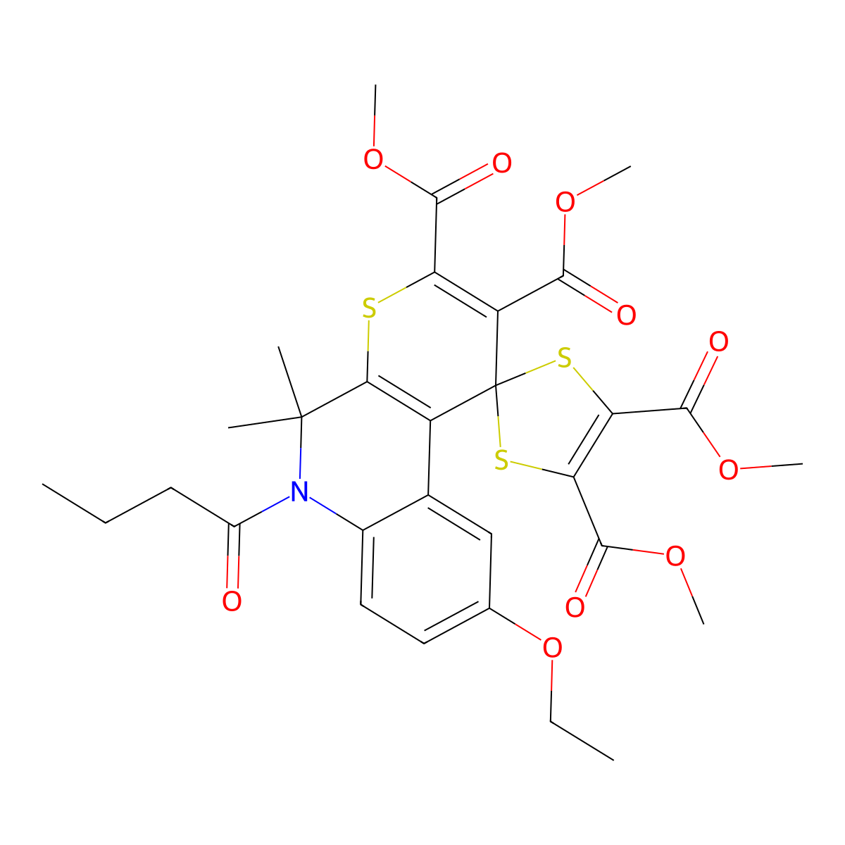 Tetramethyl 6'-butanoyl-9'-ethoxy-5',5'-dimethylspiro[1,3-dithiole-2,1'-thiopyrano[2,3-c]quinoline]-2',3',4,5-tetracarboxylate molecular structure, CAS 303965-85-7