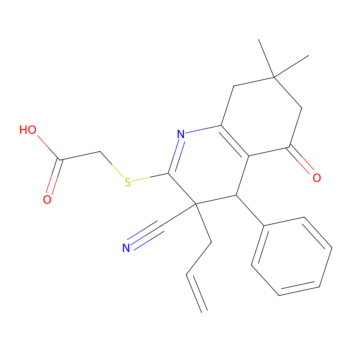2-((3-Allyl-3-cyano-7,7-dimethyl-5-oxo-4-phenyl-3,4,5,6,7,8-hexahydroquinolin-2-yl)thio)acetic acid molecular structure, CAS 303966-19-0