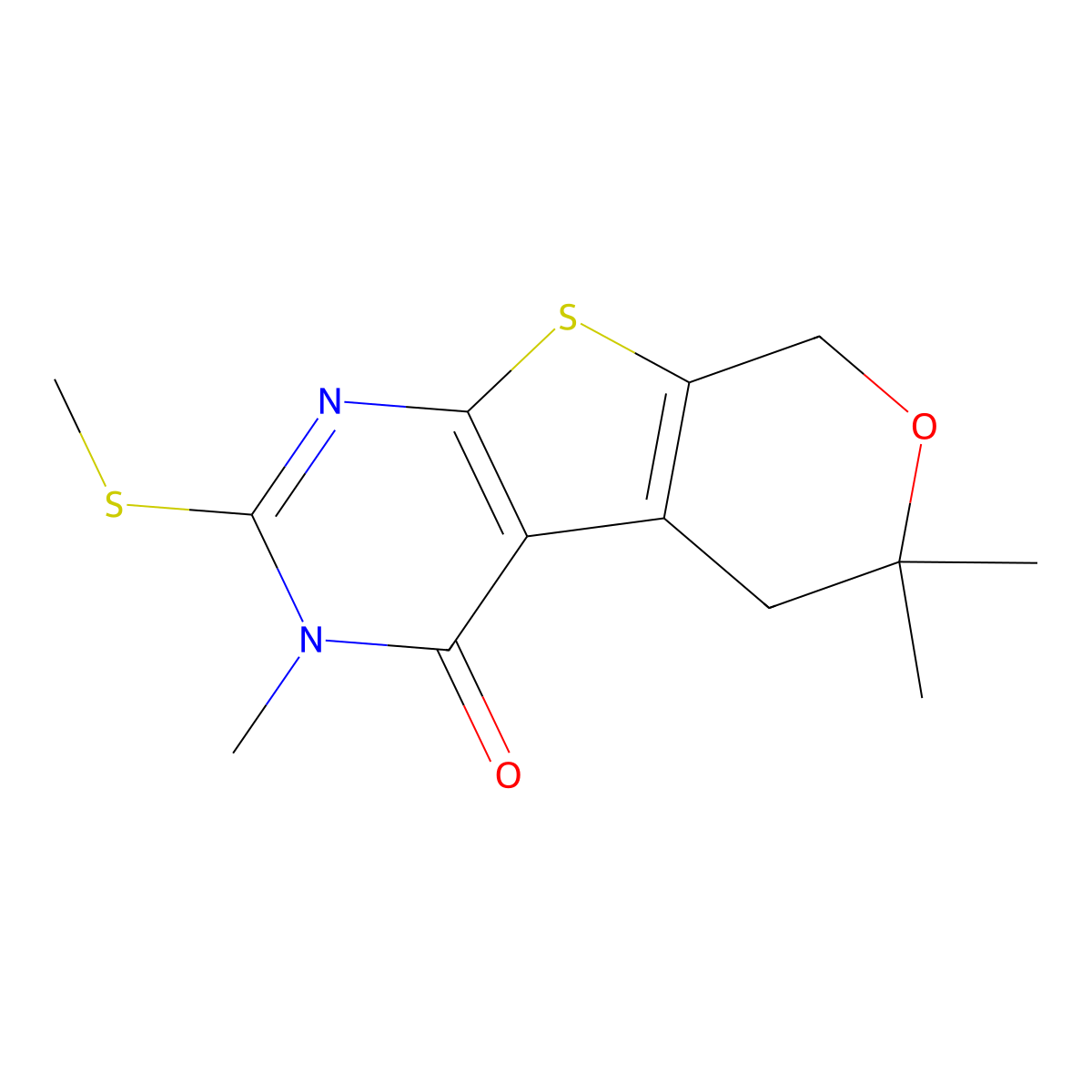 3,6,6-trimethyl-2-(methylsulfanyl)-3,5,6,8-tetrahydro-4H-pyrano[4',3':4,5]thieno[2,3-d]pyrimidin-4-one molecular structure, CAS 303966-22-5