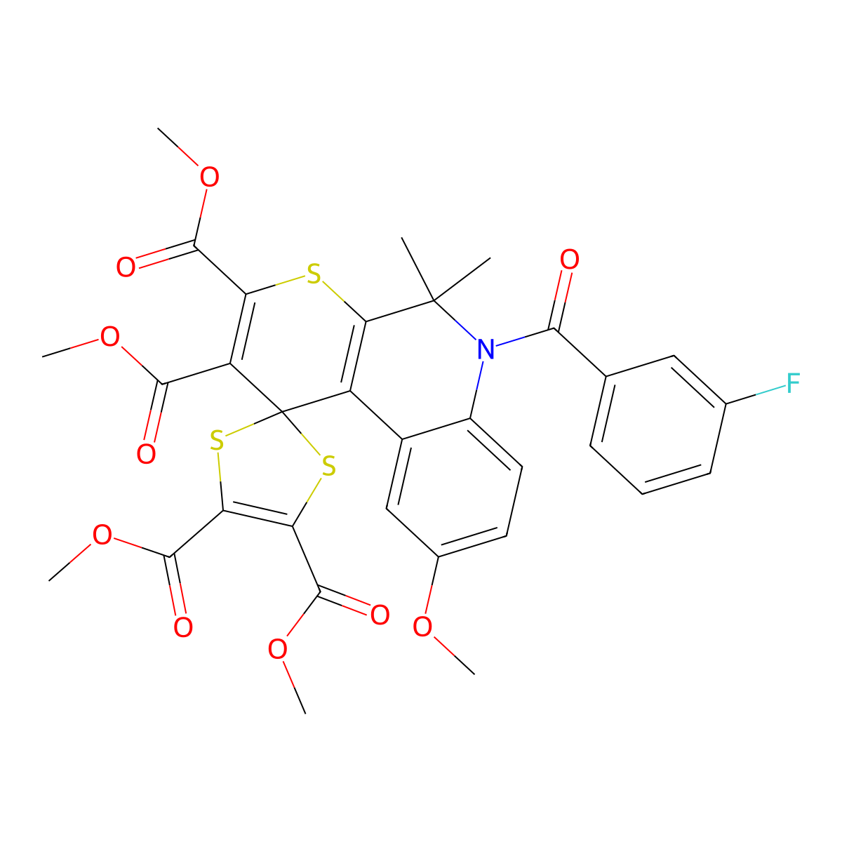 tetramethyl 6'-(3-fluorobenzoyl)-9'-methoxy-5',5'-dimethyl-5',6'-dihydrospiro(1,3-dithiole-2,1'-[1'H]-thiopyrano[2,3-c]quinoline)-2',3',4,5-tetracarboxylate molecular structure, CAS 303966-35-0