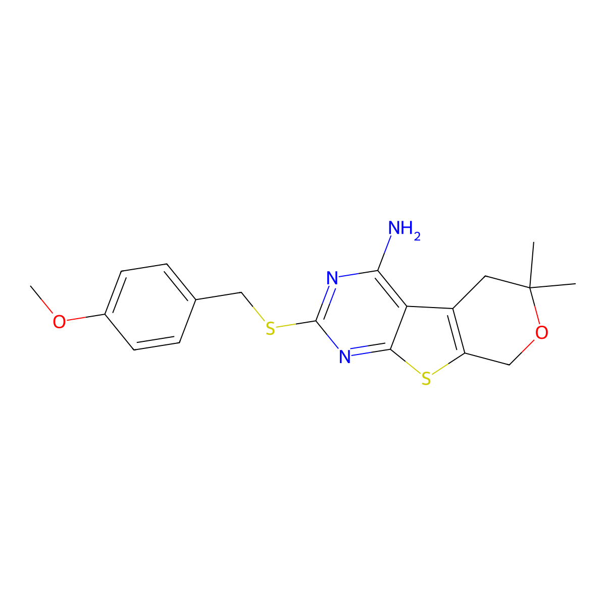 2-[(4-methoxybenzyl)sulfanyl]-6,6-dimethyl-5,8-dihydro-6H-pyrano[4',3':4,5]thieno[2,3-d]pyrimidin-4-amine molecular structure, CAS 303967-14-8