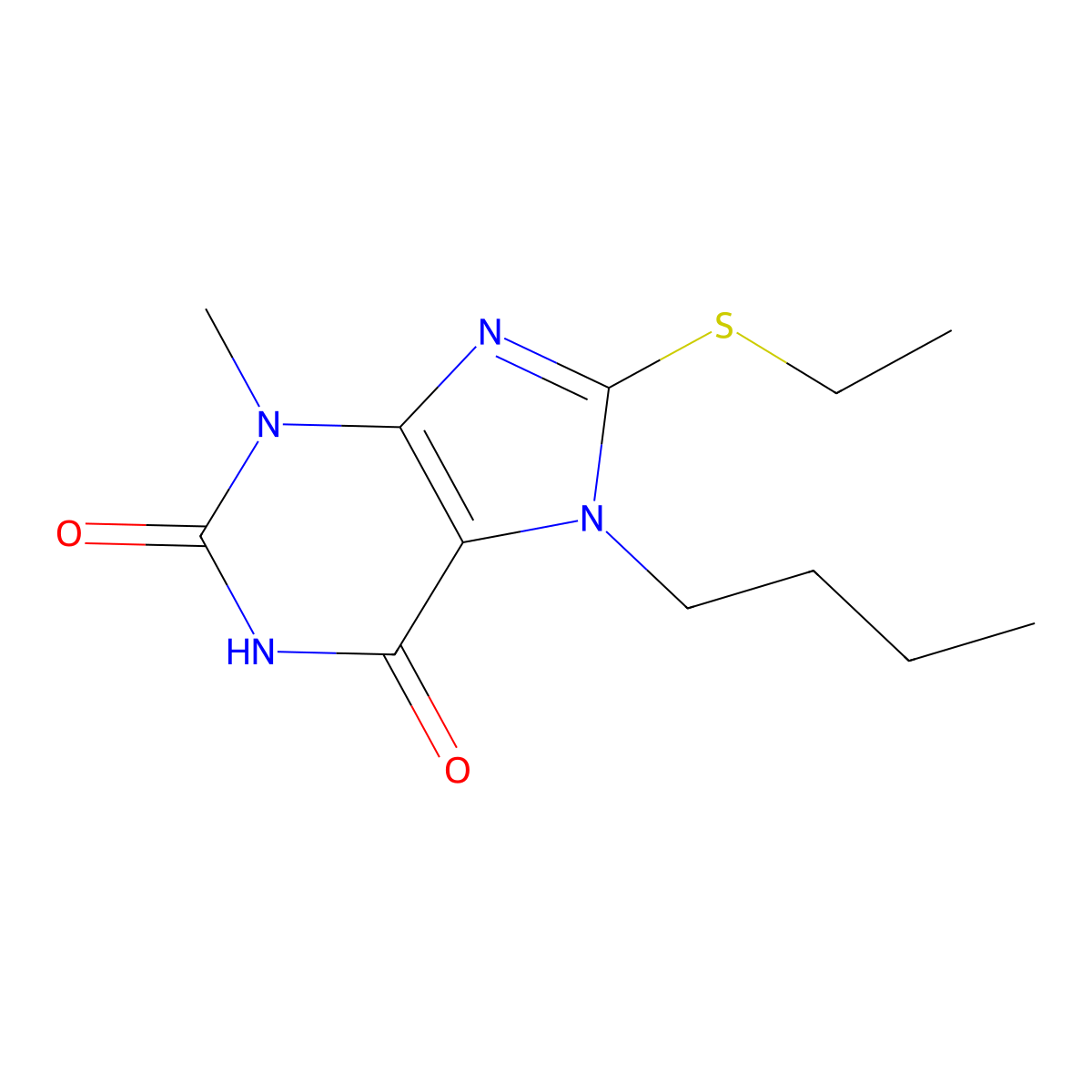 7-butyl-8-(ethylthio)-3-methyl-1H-purine-2,6(3H,7H)-dione molecular structure, CAS 303968-92-5