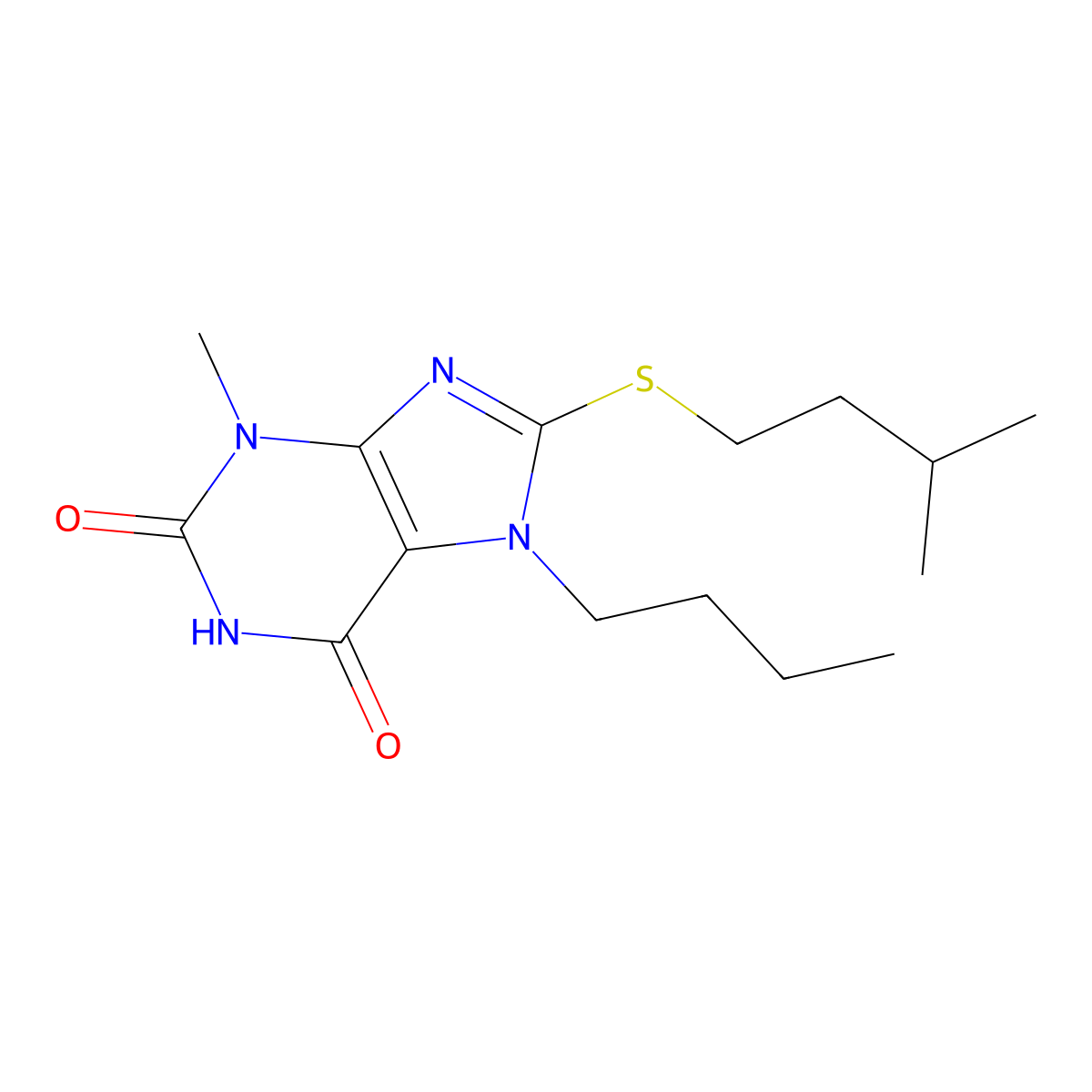 7-Butyl-3-methyl-8-(3-methylbutylsulfanyl)purine-2,6-dione molecular structure, CAS 303968-95-8