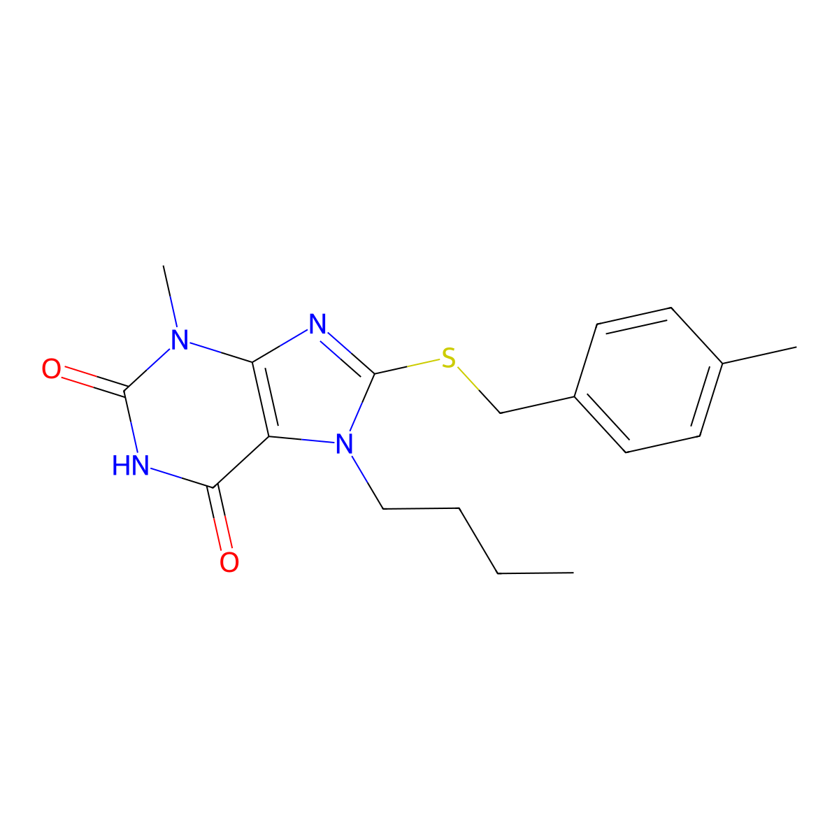 7-butyl-3-methyl-8-((4-methylbenzyl)thio)-1H-purine-2,6(3H,7H)-dione molecular structure, CAS 303968-97-0