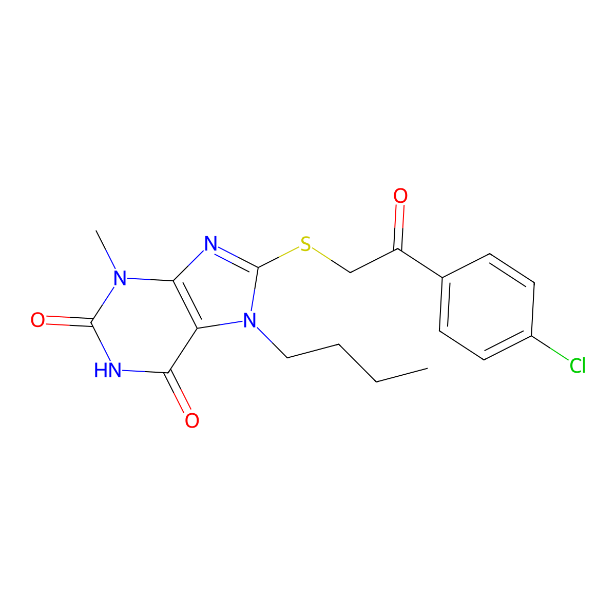 7-butyl-8-((2-(4-chlorophenyl)-2-oxoethyl)thio)-3-methyl-1H-purine-2,6(3H,7H)-dione molecular structure, CAS 303968-99-2