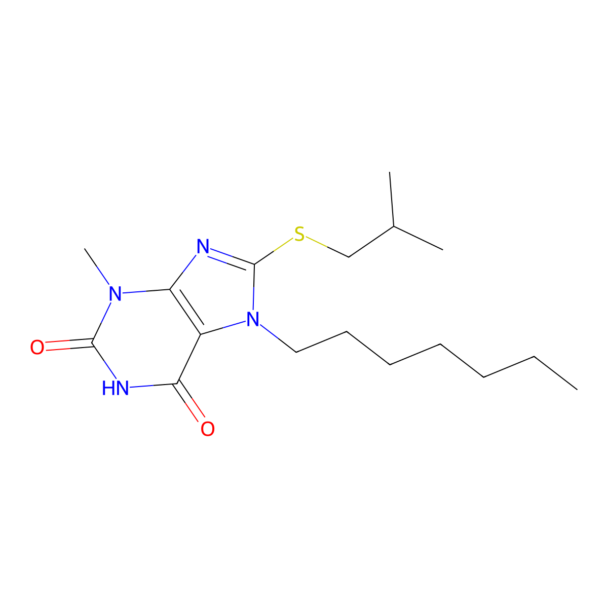 7-heptyl-8-(isobutylsulfanyl)-3-methyl-3,7-dihydro-1H-purine-2,6-dione molecular structure, CAS 303969-06-4