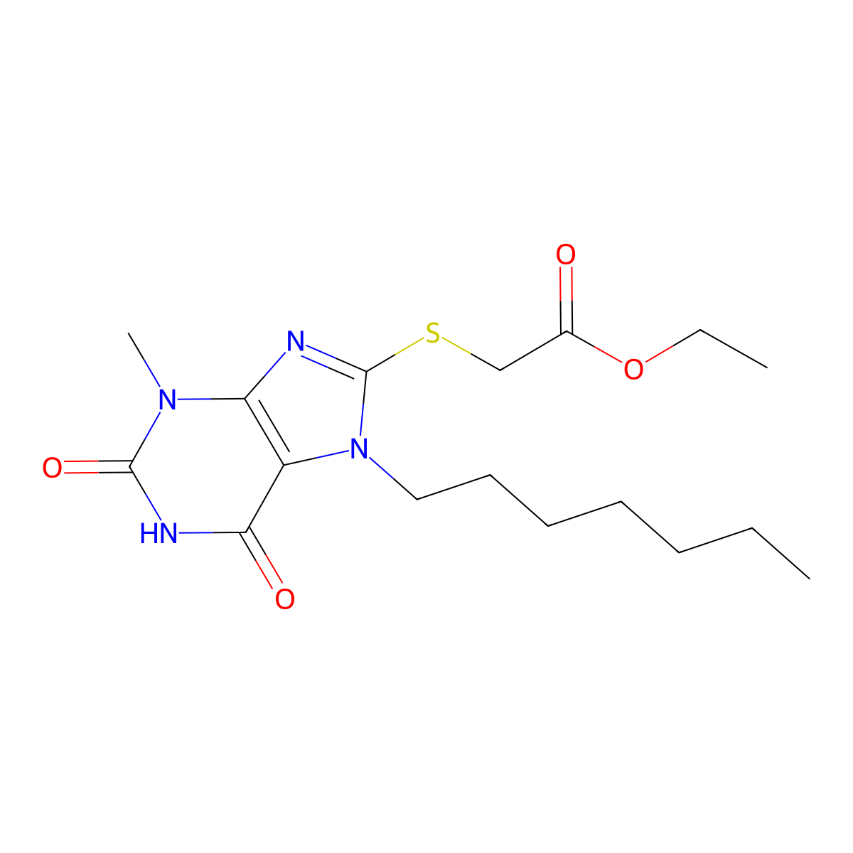 Ethyl 2-(7-heptyl-3-methyl-2,6-dioxopurin-8-yl)sulfanylacetate molecular structure, CAS 303969-07-5