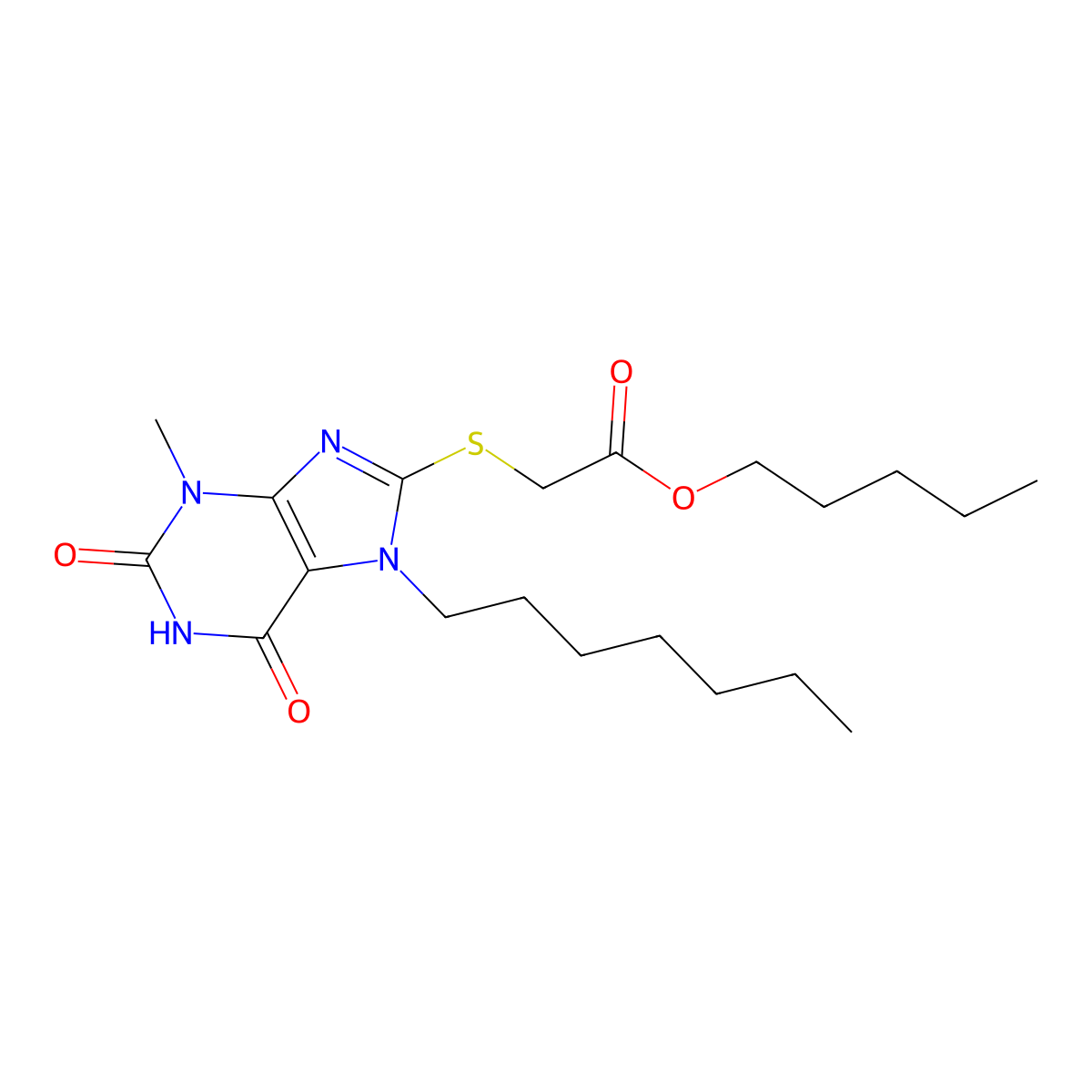 pentyl [(7-heptyl-3-methyl-2,6-dioxo-2,3,6,7-tetrahydro-1H-purin-8-yl)sulfanyl]acetate molecular structure, CAS 303969-08-6