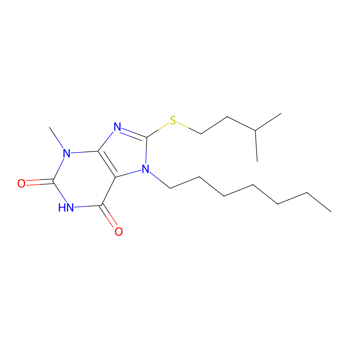 7-heptyl-3-methyl-8-[(3-methylbutyl)sulfanyl]-3,7-dihydro-1H-purine-2,6-dione molecular structure, CAS 303969-10-0