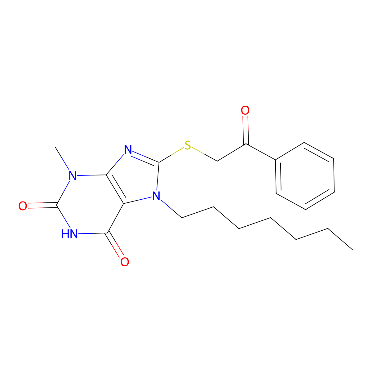 7-heptyl-3-methyl-8-[(2-oxo-2-phenylethyl)sulfanyl]-3,7-dihydro-1H-purine-2,6-dione molecular structure, CAS 303969-16-6