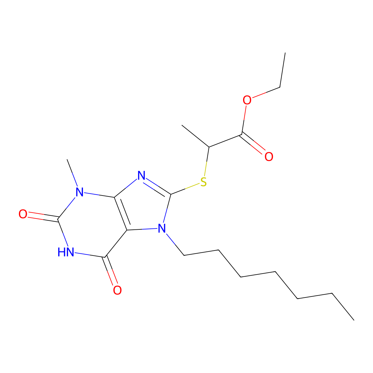 ethyl 2-[(7-heptyl-3-methyl-2,6-dioxo-2,3,6,7-tetrahydro-1H-purin-8-yl)sulfanyl]propanoate molecular structure, CAS 303969-21-3