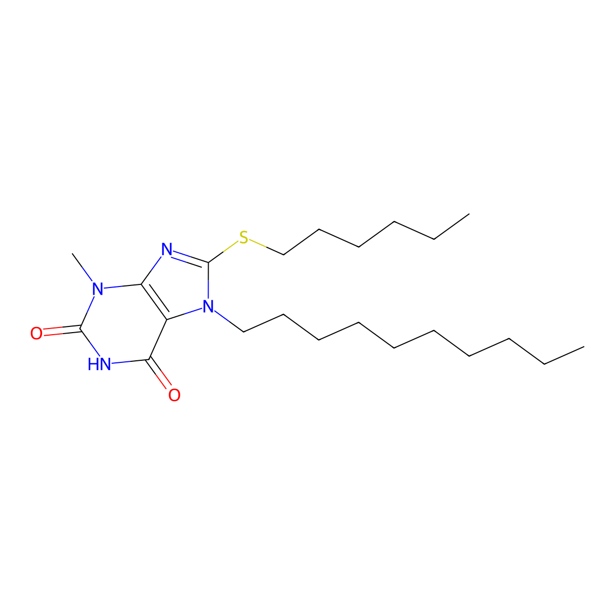 7-decyl-8-(hexylsulfanyl)-3-methyl-3,7-dihydro-1H-purine-2,6-dione molecular structure, CAS 303969-30-4