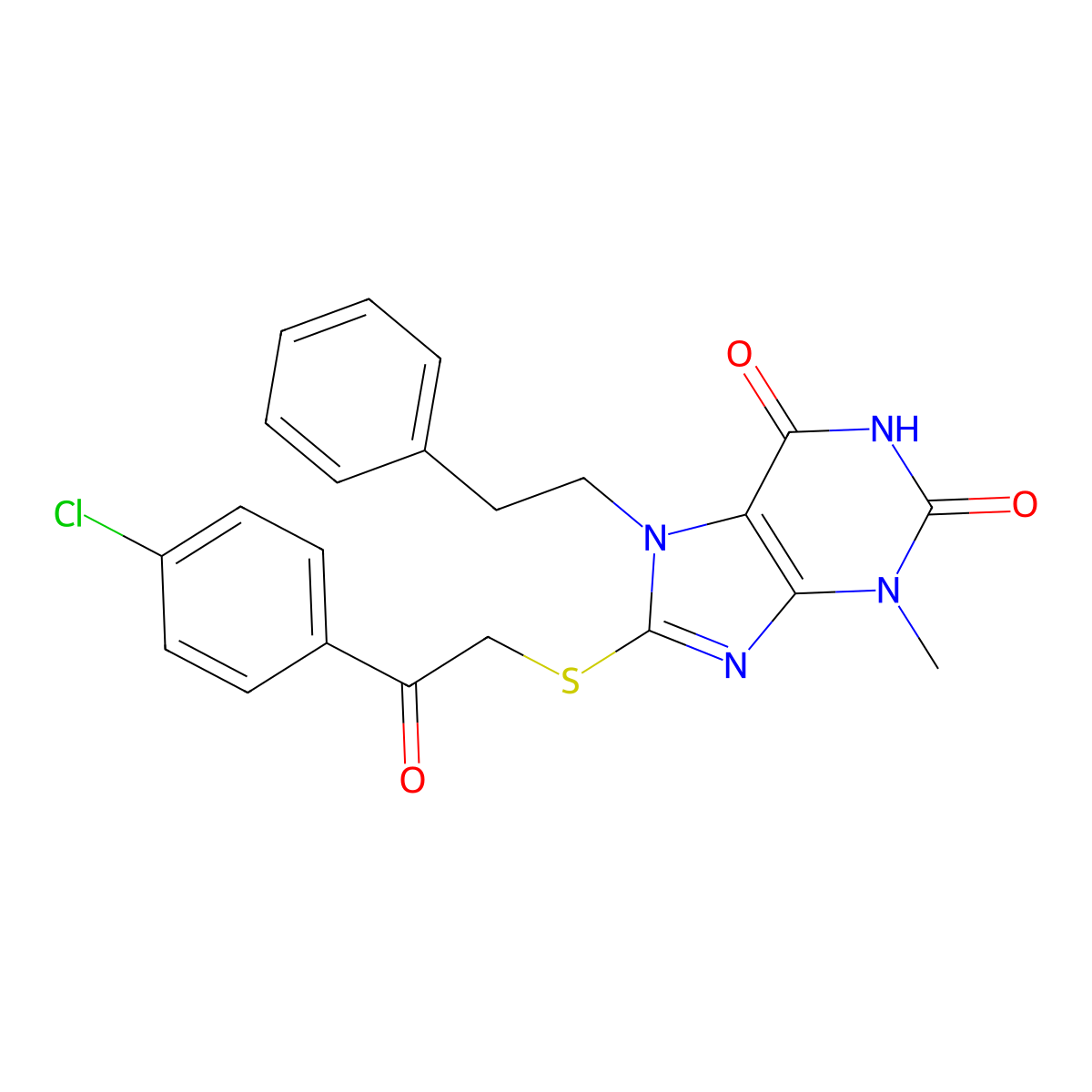 8-((2-(4-chlorophenyl)-2-oxoethyl)thio)-3-methyl-7-phenethyl-1H-purine-2,6(3H,7H)-dione molecular structure, CAS 303969-42-8