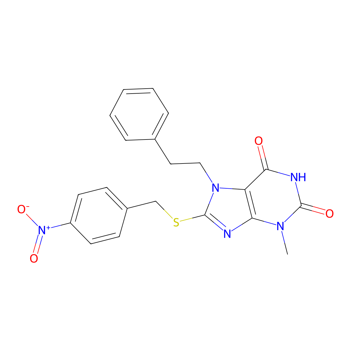 3-methyl-8-[(4-nitrobenzyl)sulfanyl]-7-(2-phenylethyl)-3,7-dihydro-1H-purine-2,6-dione molecular structure, CAS 303969-43-9