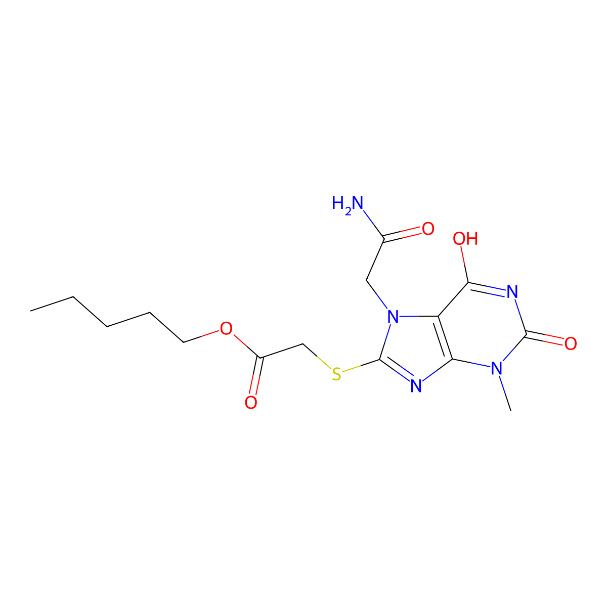 Pentyl 2-[7-(2-amino-2-oxoethyl)-3-methyl-2,6-dioxopurin-8-yl]sulfanylacetate molecular structure, CAS 303969-47-3