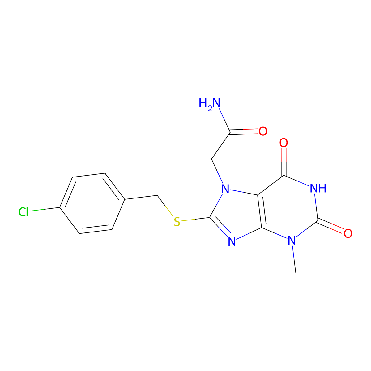 2-(8-((4-chlorobenzyl)thio)-3-methyl-2,6-dioxo-2,3-dihydro-1H-purin-7(6H)-yl)acetamide molecular structure, CAS 303969-49-5