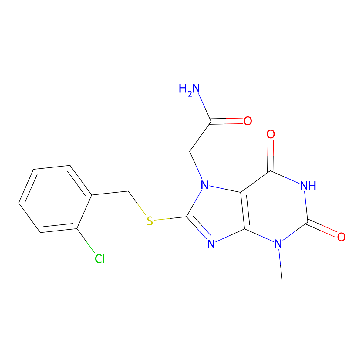 2-(8-((2-chlorobenzyl)thio)-3-methyl-2,6-dioxo-2,3-dihydro-1H-purin-7(6H)-yl)acetamide molecular structure, CAS 303969-53-1