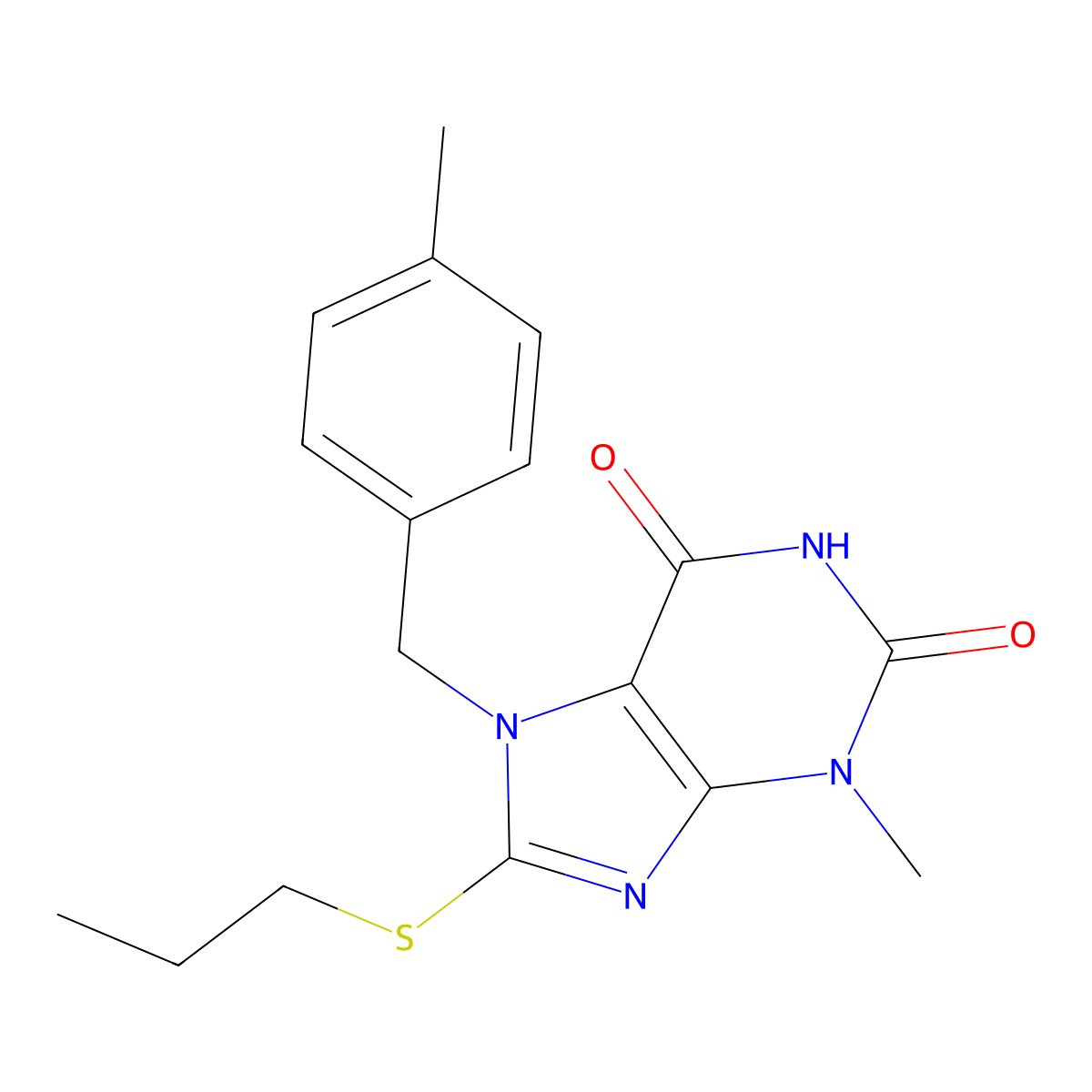 3-Methyl-7-[(4-methylphenyl)methyl]-8-propylsulfanylpurine-2,6-dione molecular structure, CAS 303969-75-7