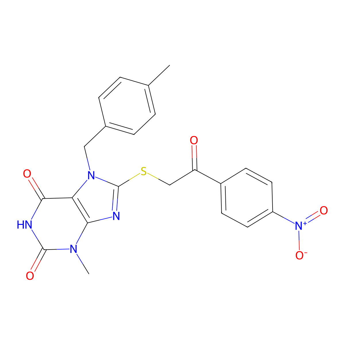 3-methyl-7-(4-methylbenzyl)-8-((2-(4-nitrophenyl)-2-oxoethyl)thio)-1H-purine-2,6(3H,7H)-dione molecular structure, CAS 303969-77-9