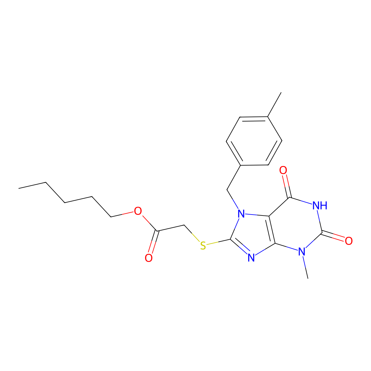 Pentyl 2-[3-methyl-7-[(4-methylphenyl)methyl]-2,6-dioxopurin-8-yl]sulfanylacetate molecular structure, CAS 303969-79-1