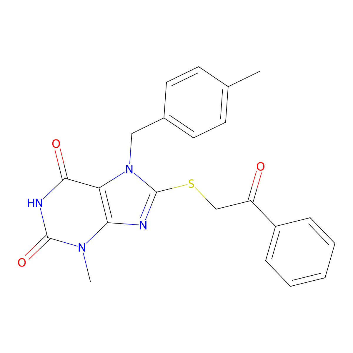 3-methyl-7-(4-methylbenzyl)-8-((2-oxo-2-phenylethyl)thio)-1H-purine-2,6(3H,7H)-dione molecular structure, CAS 303969-80-4