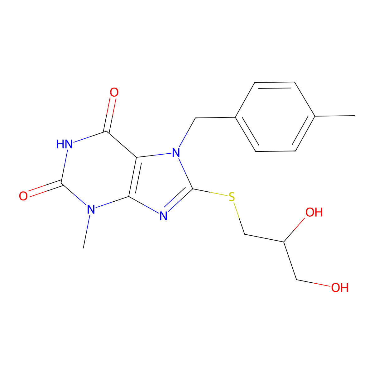 8-((2,3-dihydroxypropyl)thio)-3-methyl-7-(4-methylbenzyl)-1H-purine-2,6(3H,7H)-dione molecular structure, CAS 303969-88-2