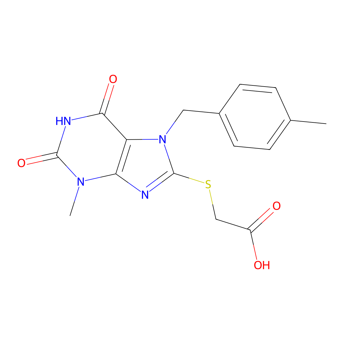 2-((3-methyl-7-(4-methylbenzyl)-2,6-dioxo-2,3,6,7-tetrahydro-1H-purin-8-yl)thio)acetic acid molecular structure, CAS 303969-89-3