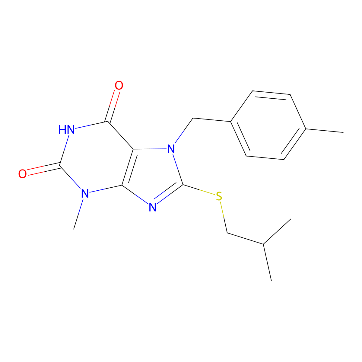 8-Isobutylsulfanyl-3-methyl-7-(4-methyl-benzyl)-3,7-dihydro-purine-2,6-dione molecular structure, CAS 303969-99-5
